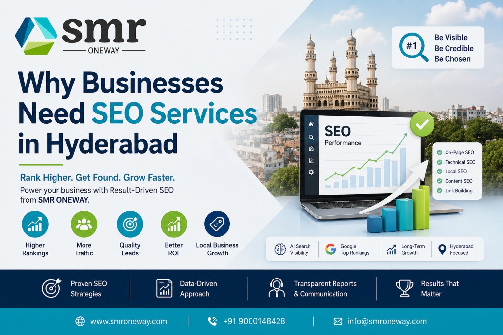 Why businesses need SEO services in Hyderabad — SMR ONEWAY banner showing Google rankings, AI search visibility, and local SEO