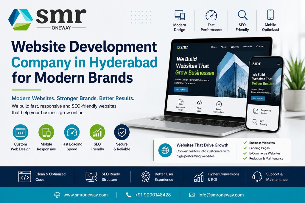Website development company in Hyderabad for modern brands — SMR ONEWAY banner showing responsive desktop and mobile websites